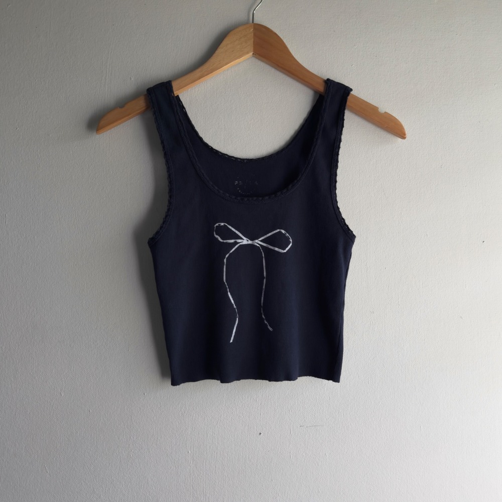 PSLA Pacsun Bow Graphic Ribbed Lace Trim Tank Top Women Small Navy Y2K Coquette